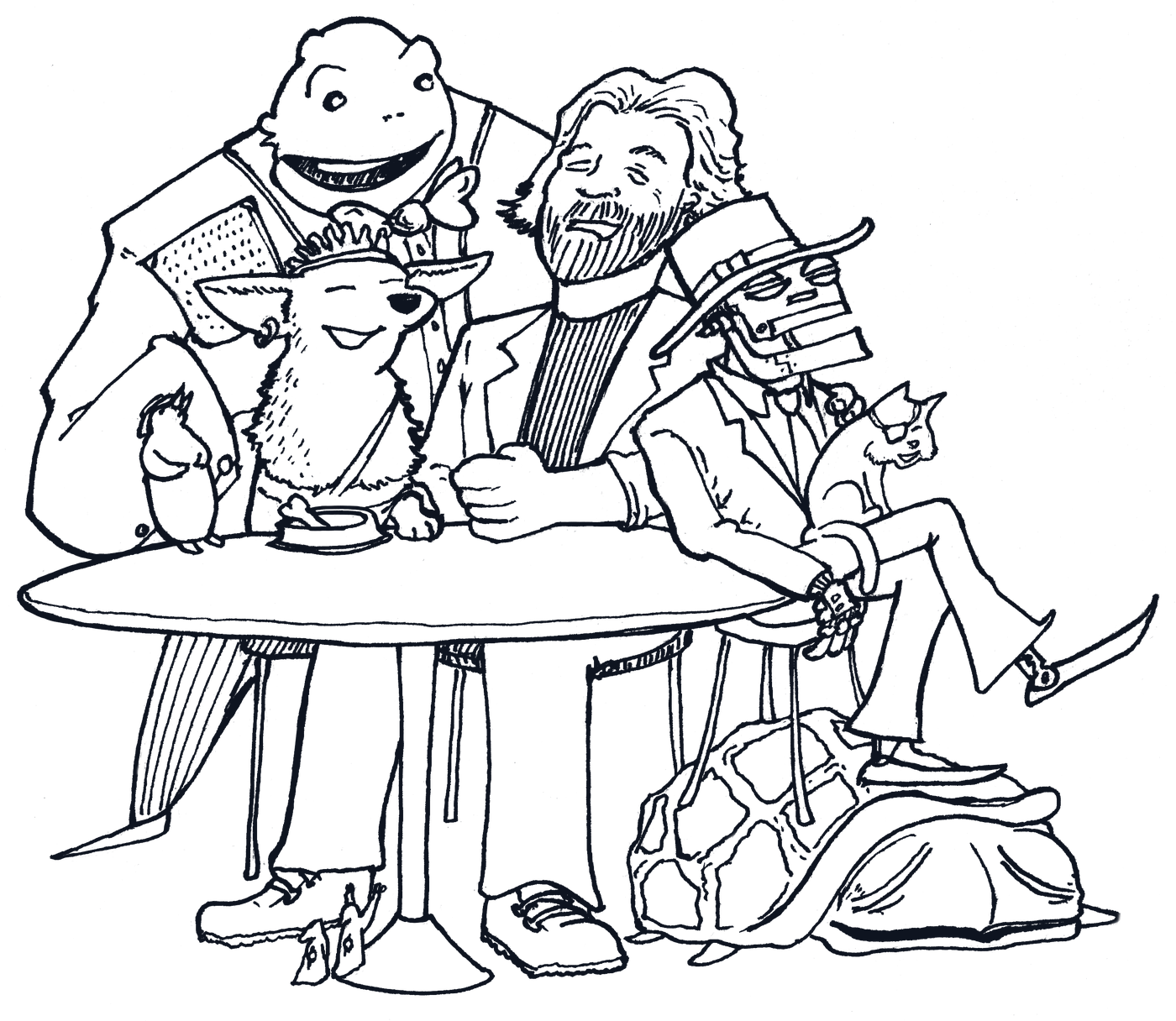 Pen and ink self-portrait of David Satterfield at a table with a group of invented characters, including a cat in sunglasses on his lap